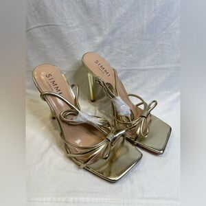 Simmi London Wide Fit Samia heeled sandals with bow details in gold